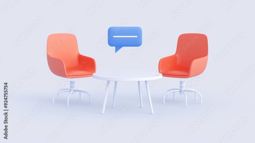 Modern meeting setup with two orange chairs and a table, ideal for discussions and collaboration in a professional space. Modern meeting setup with two orange chairs and a table, ideal for discussions and collaboration in a professional space.