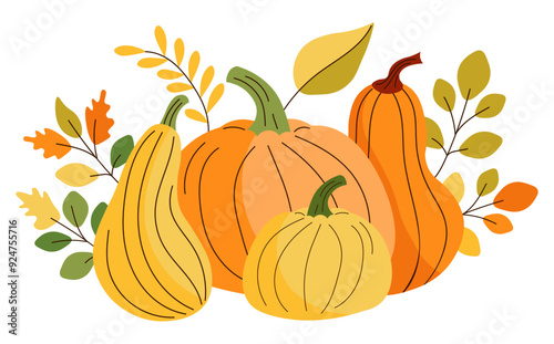 Autumn still life composition of pumpkins and autumn leaves. Vector flat illustration. Thanksgiving and autumn season template for greeting cards, invitations, prints, scrapbooking, stickers, clip art