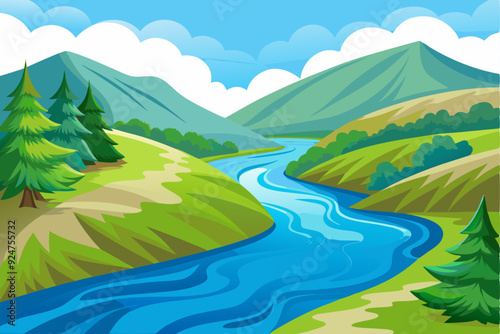 Serene Mountain River Landscape with Green Hills and Trees