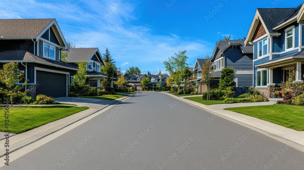 A quiet suburban street with houses on both sides. A quiet suburban street with houses on both sides.