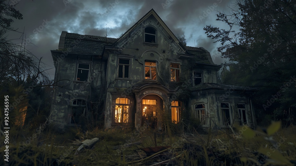 Eerie Abandoned House with Spectral Apparitions and Flickering Lights, Perfect for Halloween Theme and Chilling Ambiance