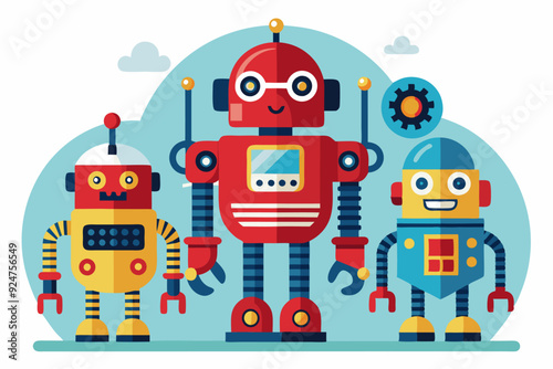 Three Friendly Cartoon Robots Standing Together