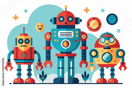 Three Cartoon Robots Standing Together