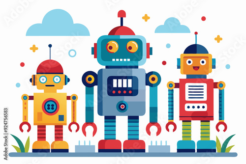 Three Cartoon Robots Standing Together