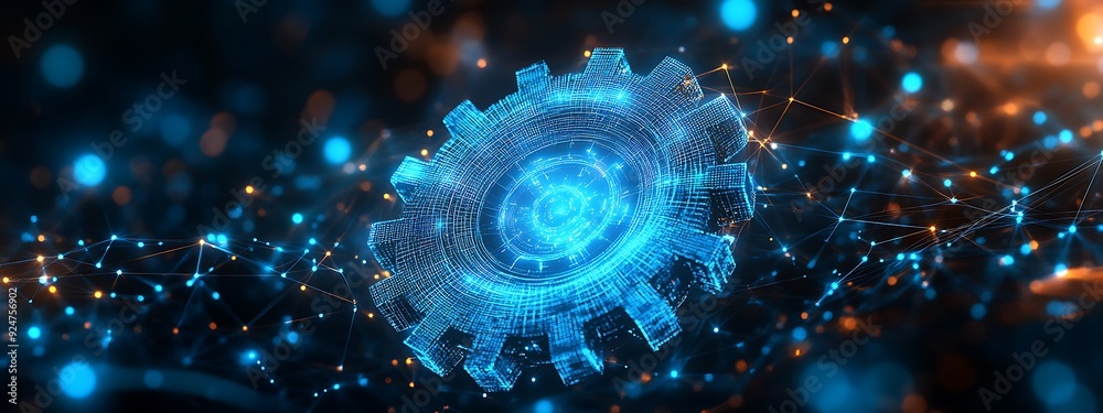 Obraz premium Digital 3d gear icon with binary code, artificial intelligence in system setting optimization, automation workflows, software customization options, and personalized user interfaces design 
