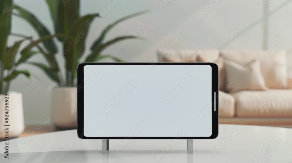 Fototapeta premium Modern digital tablet displayed in a stylish living room setting, ideal for showcasing apps and entertainment.