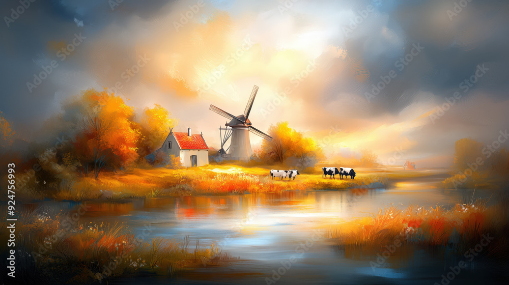 Tranquil Countryside Scene with Windmill and Autumn Colors