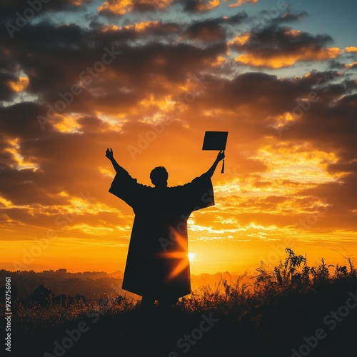 Female Graduate Celebrates Success at Sunset