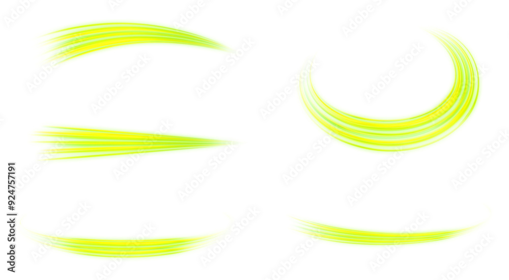 Abstract lime green motion lines or glowing effect swooshes isolated on transparent background Abstract lime green motion lines or glowing effect swooshes isolated on transparent background