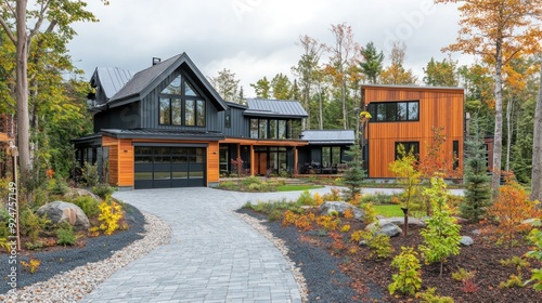 Modern black and wood house with a stone driveway and fall foliage. photo