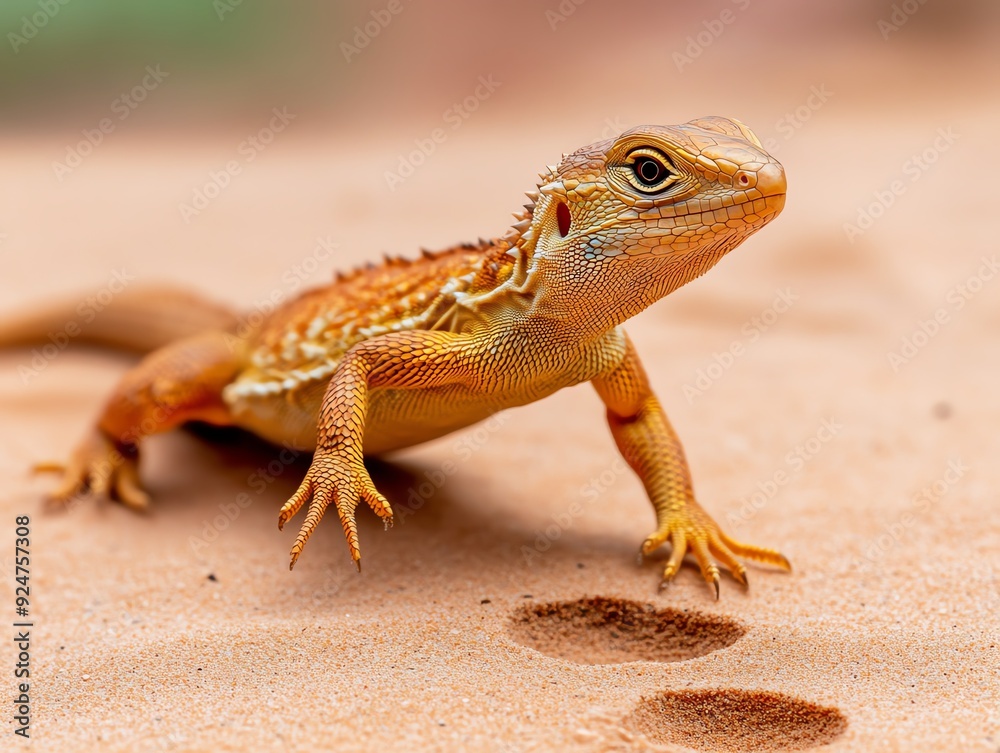 Naklejka premium Lizard running across sand, footprints trailing behind, dynamic motion captured mid-stride, Lizard, desert survival