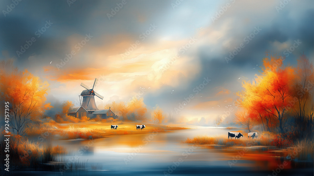 Autumn Landscape with Windmill and Pastoral Scene at Sunset