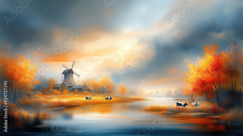 Obraz na płótnie Autumn Landscape with Windmill and Pastoral Scene at Sunset w salonie