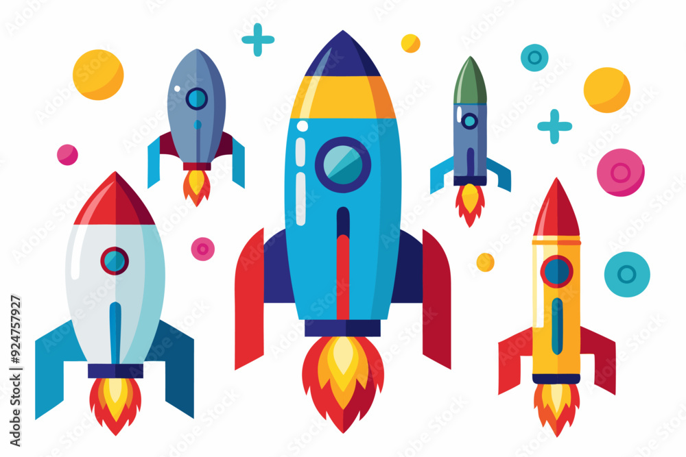 Colorful Cartoon Rockets Launching into Space