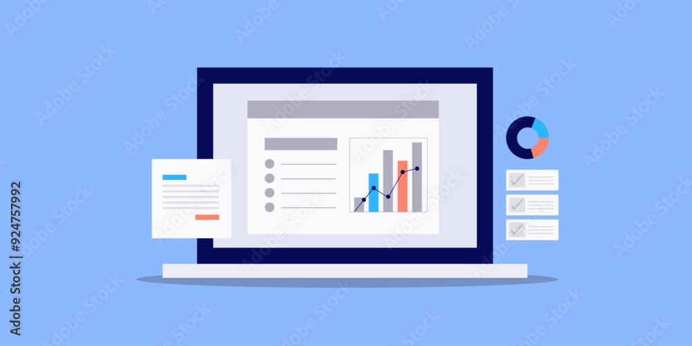 Analytics data monitoring on dashboard screen, business finance report market trend graph, chart diagram strategic decision-making conceptual vector illustration. Analytics data monitoring on dashboard screen, business finance report market trend graph, chart diagram strategic decision-making conceptual vector illustration.