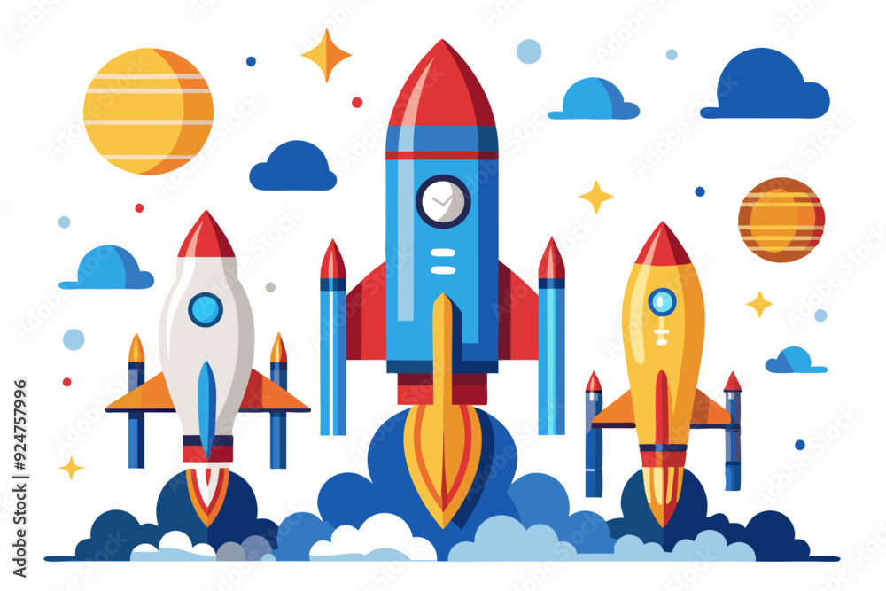 Three Space Rockets Taking Off Into The Sky Three Space Rockets Taking Off Into The Sky