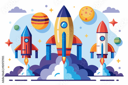 Wallpaper Mural Three Colorful Rockets Launching into Space with Planets and Stars Torontodigital.ca