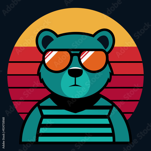 Vintage retro sunset with bear face silhouette vector illustration, graphics elements for trendy t-shirt