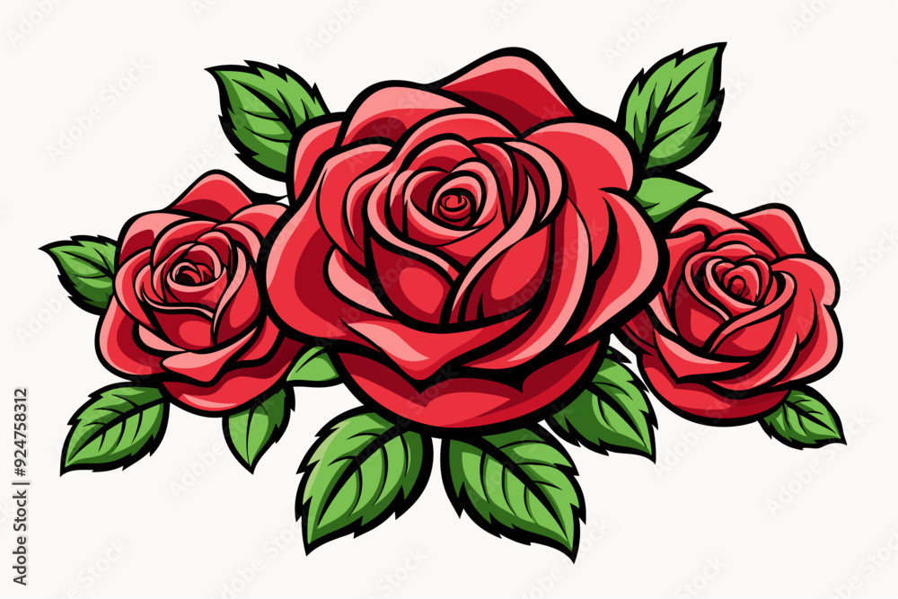 Three Red Roses with Green Leaves on a White Background Three Red Roses with Green Leaves on a White Background