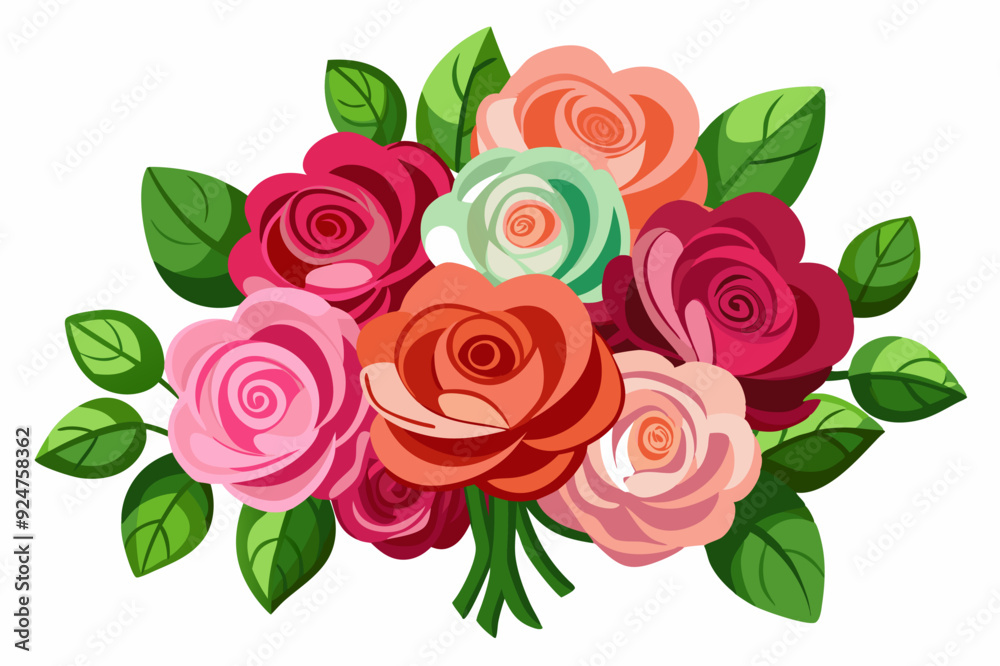 A Bouquet of Colorful Roses with Green Leaves A Bouquet of Colorful Roses with Green Leaves