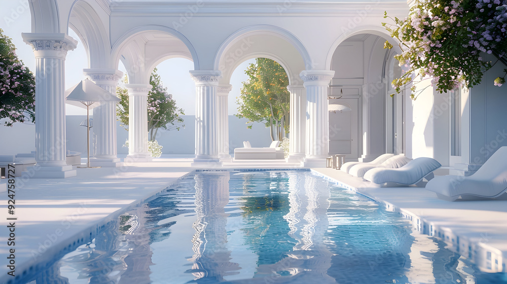 Fototapeta premium white summer house by the pool, generative ai