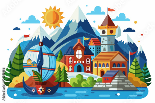 A Cartoon Illustration of a Village by the Water with Mountains and a Sailboat