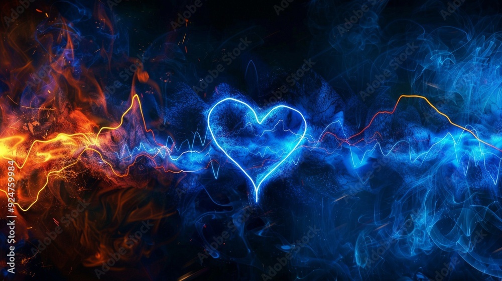Fototapeta premium A central blue neon heart surrounded by fiery elements in orange and red, enveloped by electronic lines symbolizing love and power, all unified by a yellow spiral in a dynamic visual composition.