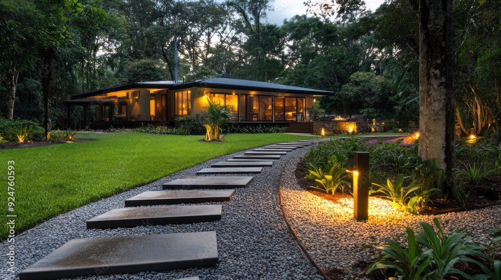 Stone walkway leading to modern house with warm lighting in backyard at dusk. Stone walkway leading to modern house with warm lighting in backyard at dusk.