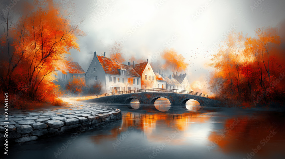Charming Autumn Village Scene with Bridge and River Reflection