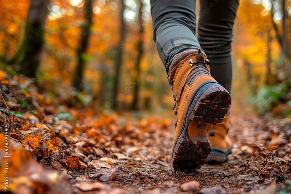 A person walking on a leaf-covered trail in a vibrant autumn forest A person walking on a leaf-covered trail in a vibrant autumn forest
