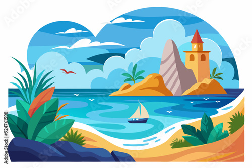 A picturesque island with a lighthouse and a sailboat on the turquoise water