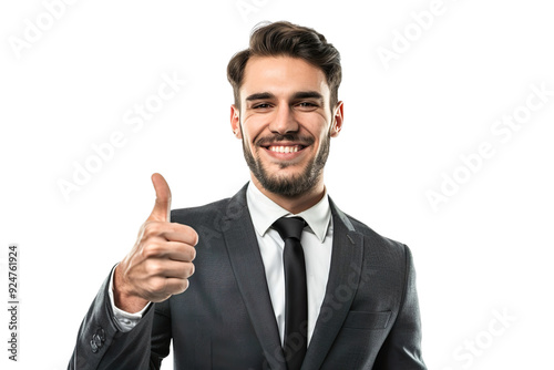 Young man in a groom's suit smiling and giving a thumbs up Isolated on transparent background.