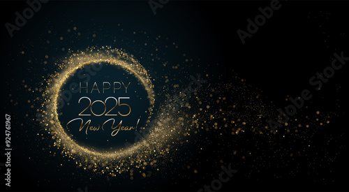 2025 Happy New Year Abstract shiny Gold glitter circle frame with Bokeh design element