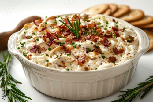 Creamy dish topped with bacon and herbs, served in a white bowl with snacks nearby.
