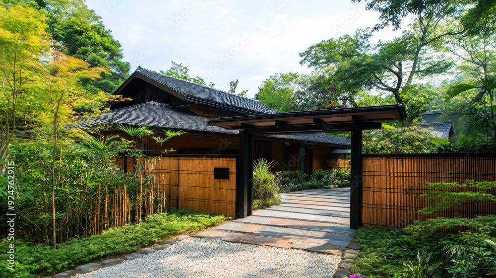 A stone pathway leads to a traditional Japanese house with a bamboo fence and lush greenery. A stone pathway leads to a traditional Japanese house with a bamboo fence and lush greenery.