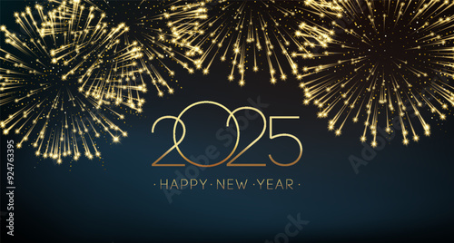 2025 Happy New Year Abstract shiny Fireworks Gold glitter Bokeh design element