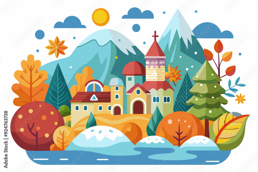 Fototapeta premium Colorful Autumnal Landscape with a Church and Mountains