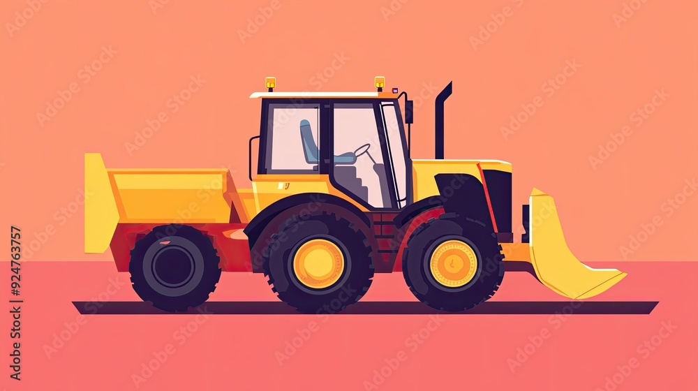 Naklejka premium Flat design wheel loader minimalist style geometric shapes contemporary construction equipment digital illustration