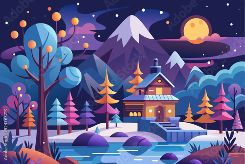 Nighttime Cabin Landscape with Mountains, Moon, and Snow
