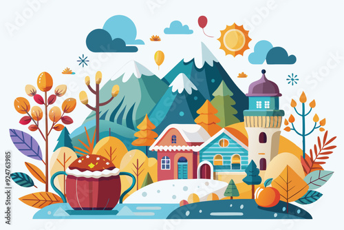 Cozy Winter Village Scene with Mountains, Houses, and a Warm Drink