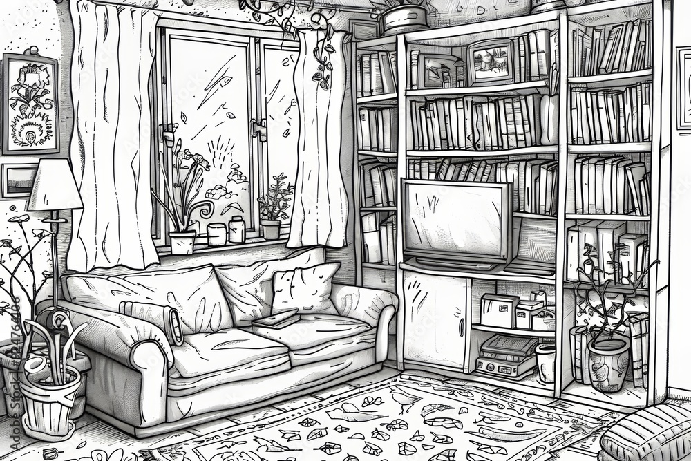 Fototapeta premium Cozy Studio Apartment Transformation Illustrated with Detailed Line Art.