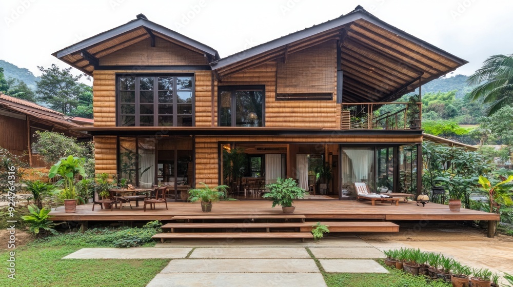 Obraz premium Modern wooden house with a large deck and lush greenery.