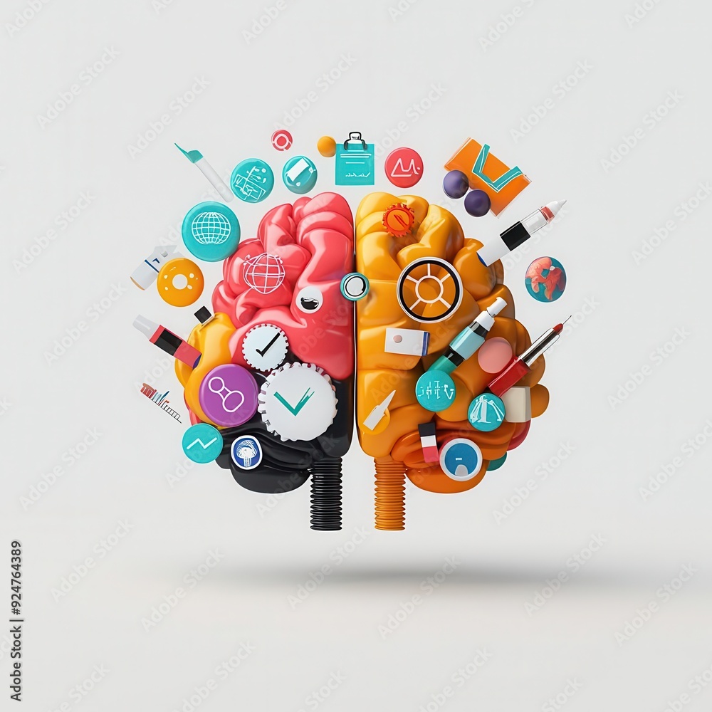 Brain with research symbols, methodological study, 3D illustration Brain with research symbols, methodological study, 3D illustration