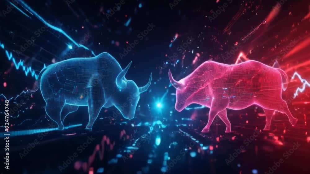 Digital Bull Market Chart illustration animation. Digital animated background with neon light Digital Bull Market Chart illustration animation. Digital animated background with neon light