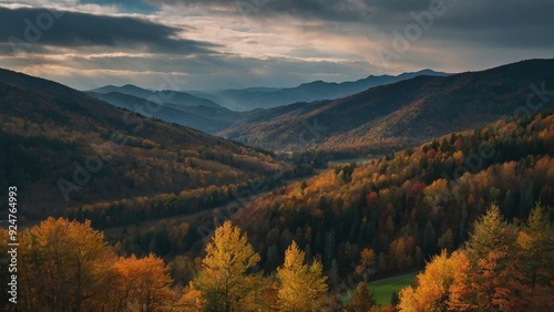 autumn landscape in the mountains, cloudy sky, breathtaking view