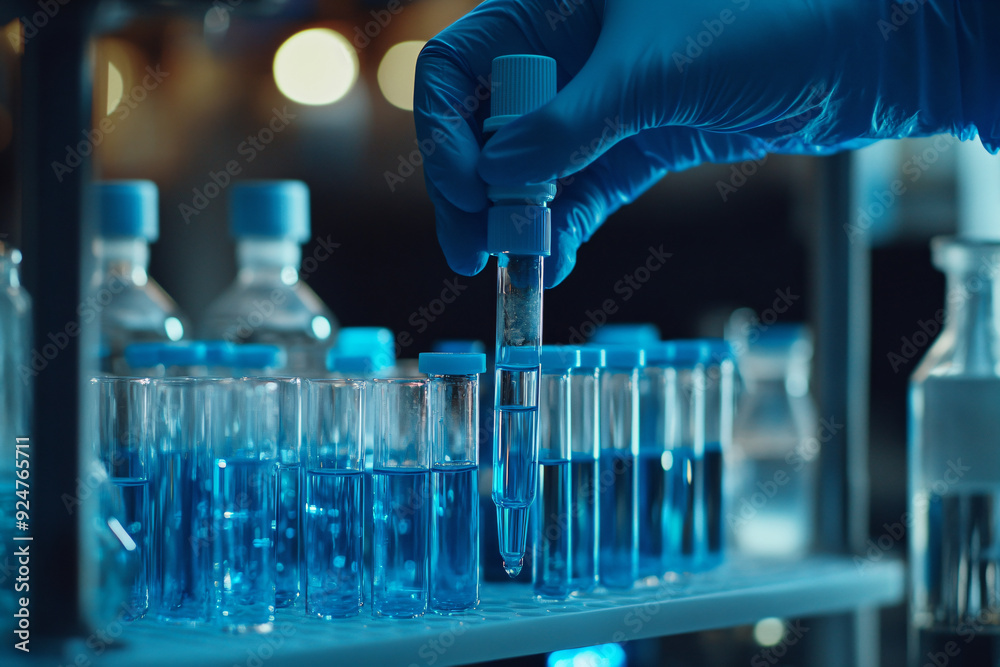 Scientist Holding Test Tube with Blue Liquid in Lab. Scientist Holding Test Tube with Blue Liquid in Lab.