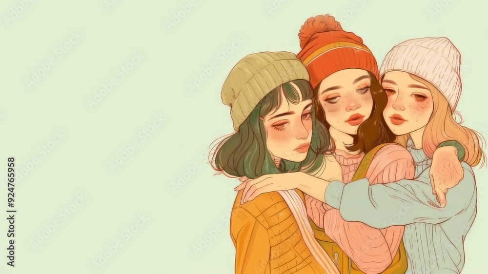 Three stylish girls in cozy outfits and hats share a warm embrace, showcasing friendship and comfort in a minimalist setting. Three stylish girls in cozy outfits and hats share a warm embrace, showcasing friendship and comfort in a minimalist setting.