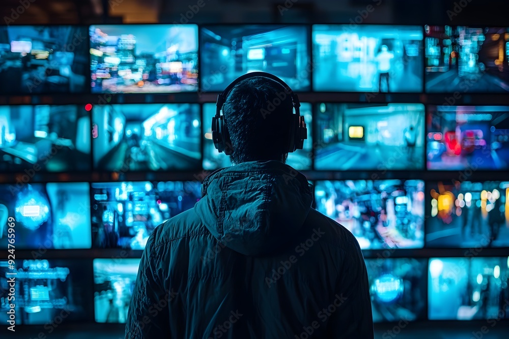 Silhouette Viewing Multiple Screens in Futuristic Digital Surveillance Concept Silhouette Viewing Multiple Screens in Futuristic Digital Surveillance Concept