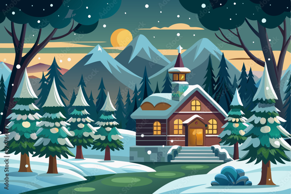 Fototapeta premium Snowy Mountain Cabin with Forest and Sunset