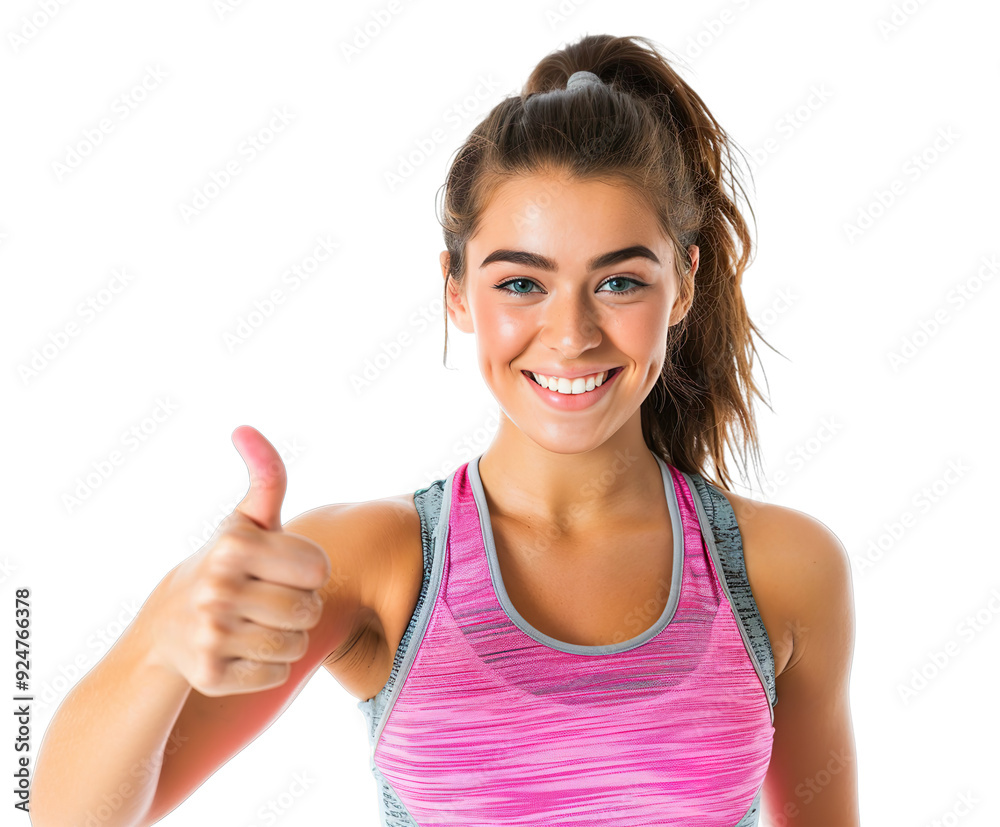 Young woman in a fitness instructor outfit smiling and giving a thumbs up Isolated on transparent background. Young woman in a fitness instructor outfit smiling and giving a thumbs up Isolated on transparent background.